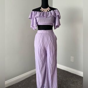 Off Shoulder Ruffle Trim Crop Top & Paperbag High Waist Pants - Two Piece Set